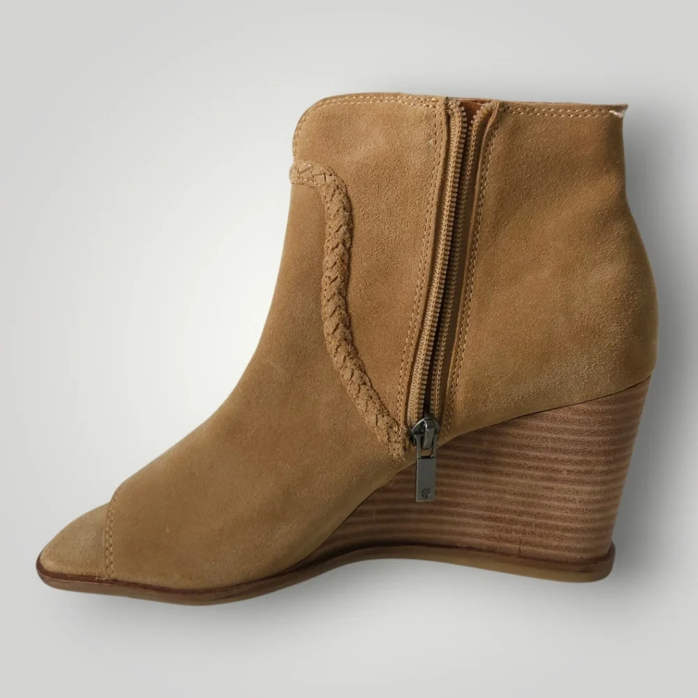Lucky Brand LK Lureli Suede Peep Toe Wedge Booties Womens 9M Tan Leather‎ Ankle
